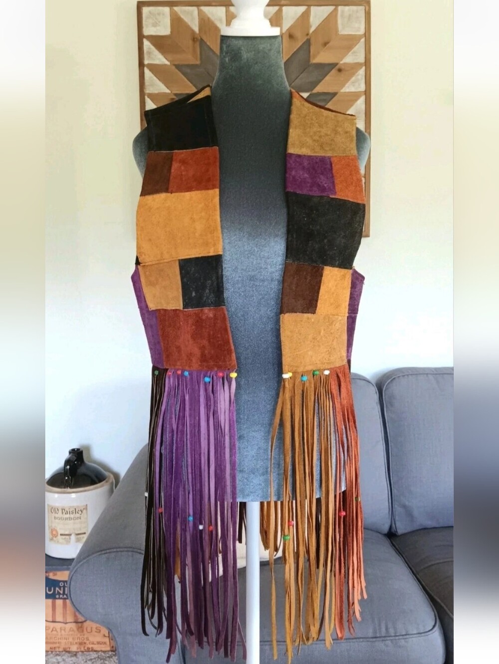 VTG RARE 1970s Colorful Patchwork Leather Vest Beads Fridge Hippie Festival